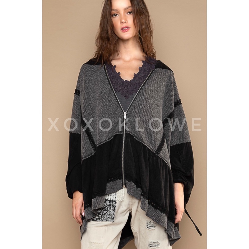 POL Black & Gray Zip Up Hoodie Lace Trim Oversized Slouchy Fit
